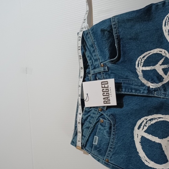 Ragged Jeans Blue High Waisted Straight Leg White Peace Sign Print A24 - Picture 4 of 8